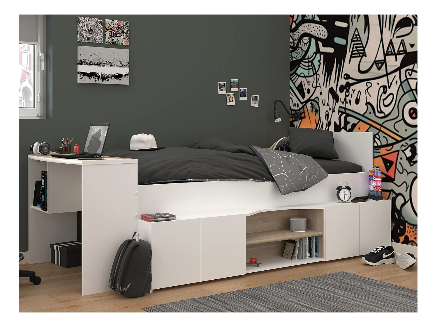 Cama 90 x 190/200 cm con escritorio y compartimentos - blanco y natural + Somier + Colchón - JOCHIANE