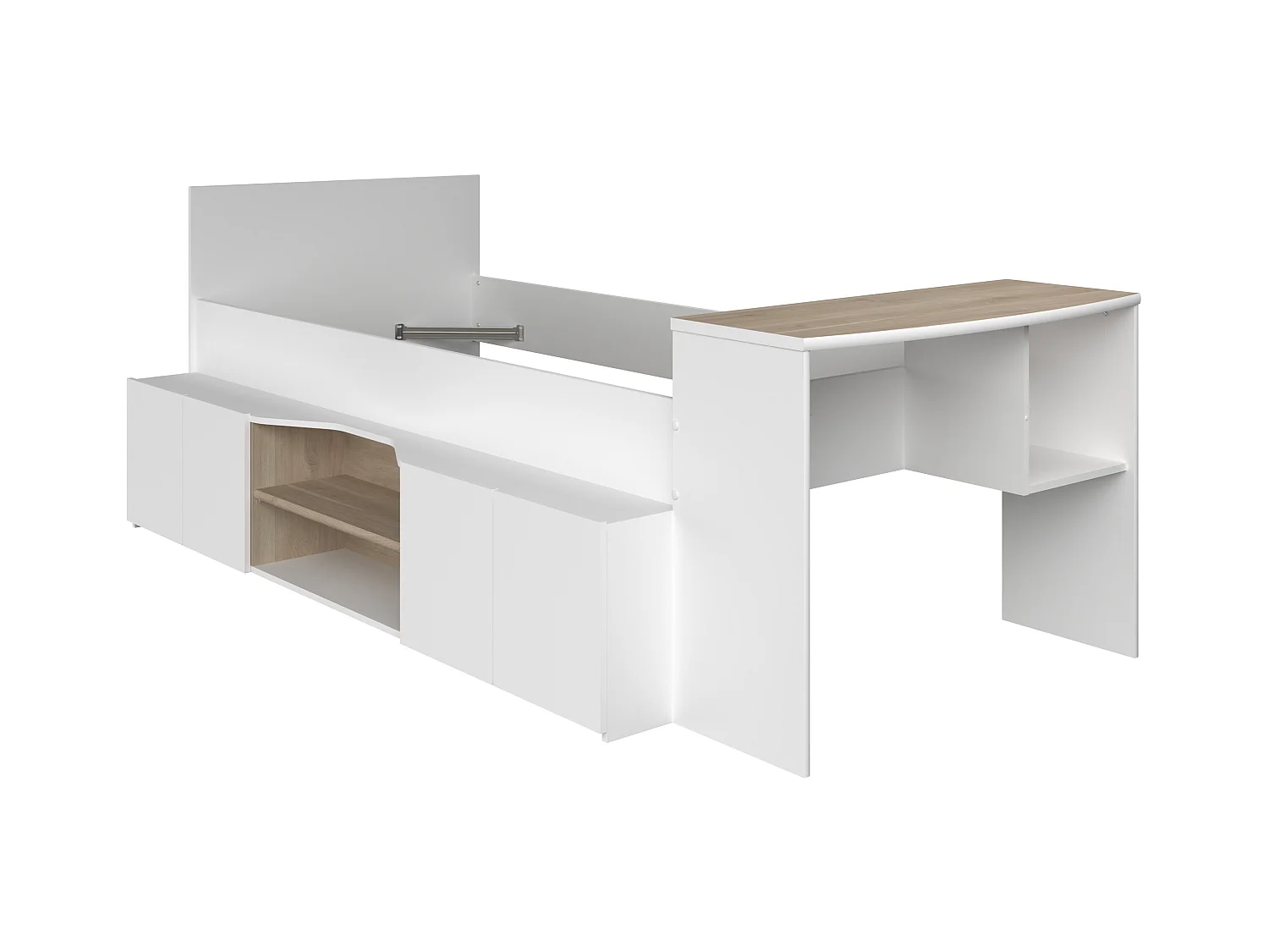 Cama 90 x 190/200 cm con escritorio y compartimentos - blanco y natural + Somier + Colchón - JOCHIANE