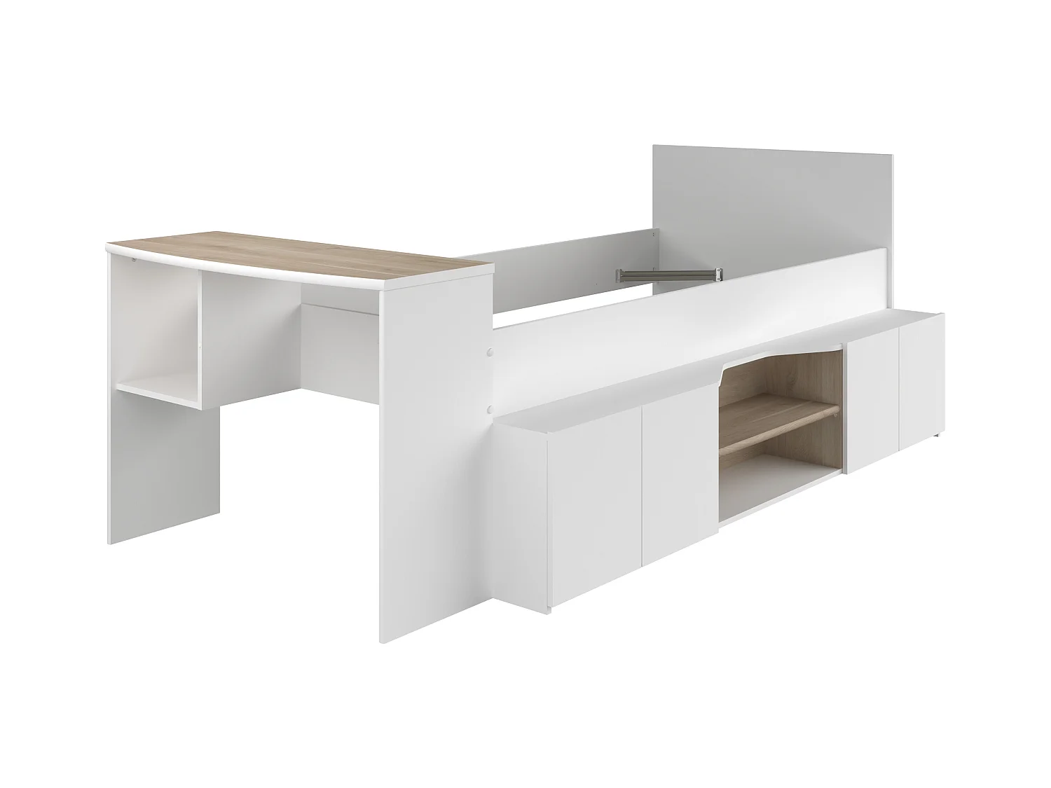 Cama 90 x 190/200 cm con escritorio y compartimentos - blanco y natural + Somier + Colchón - JOCHIANE