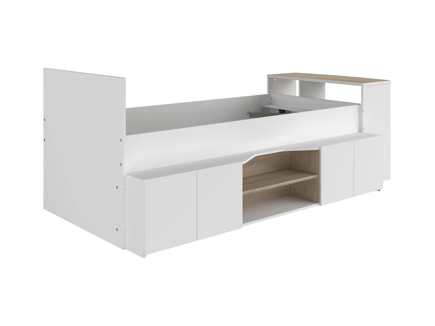 Cama 90 x 190/200 cm con escritorio y compartimentos - blanco y natural + Somier + Colchón - JOCHIANE