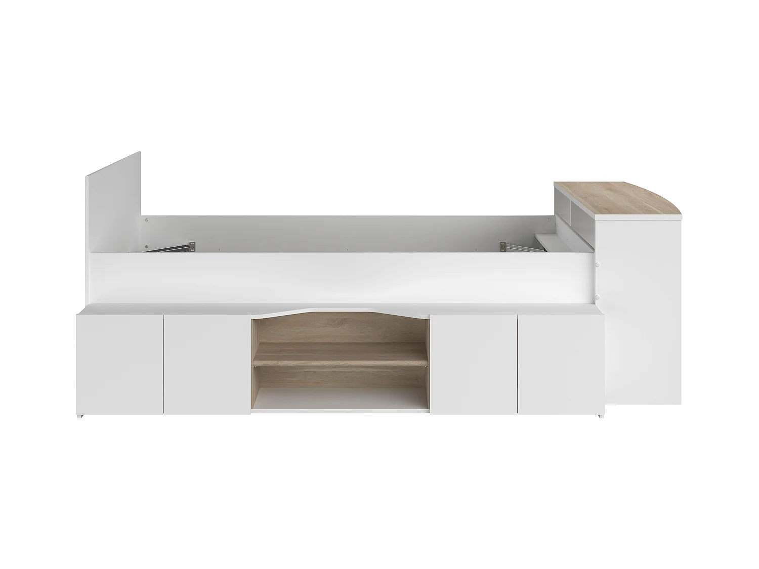 Cama 90 x 190/200 cm con escritorio y compartimentos - blanco y natural + Somier + Colchón - JOCHIANE