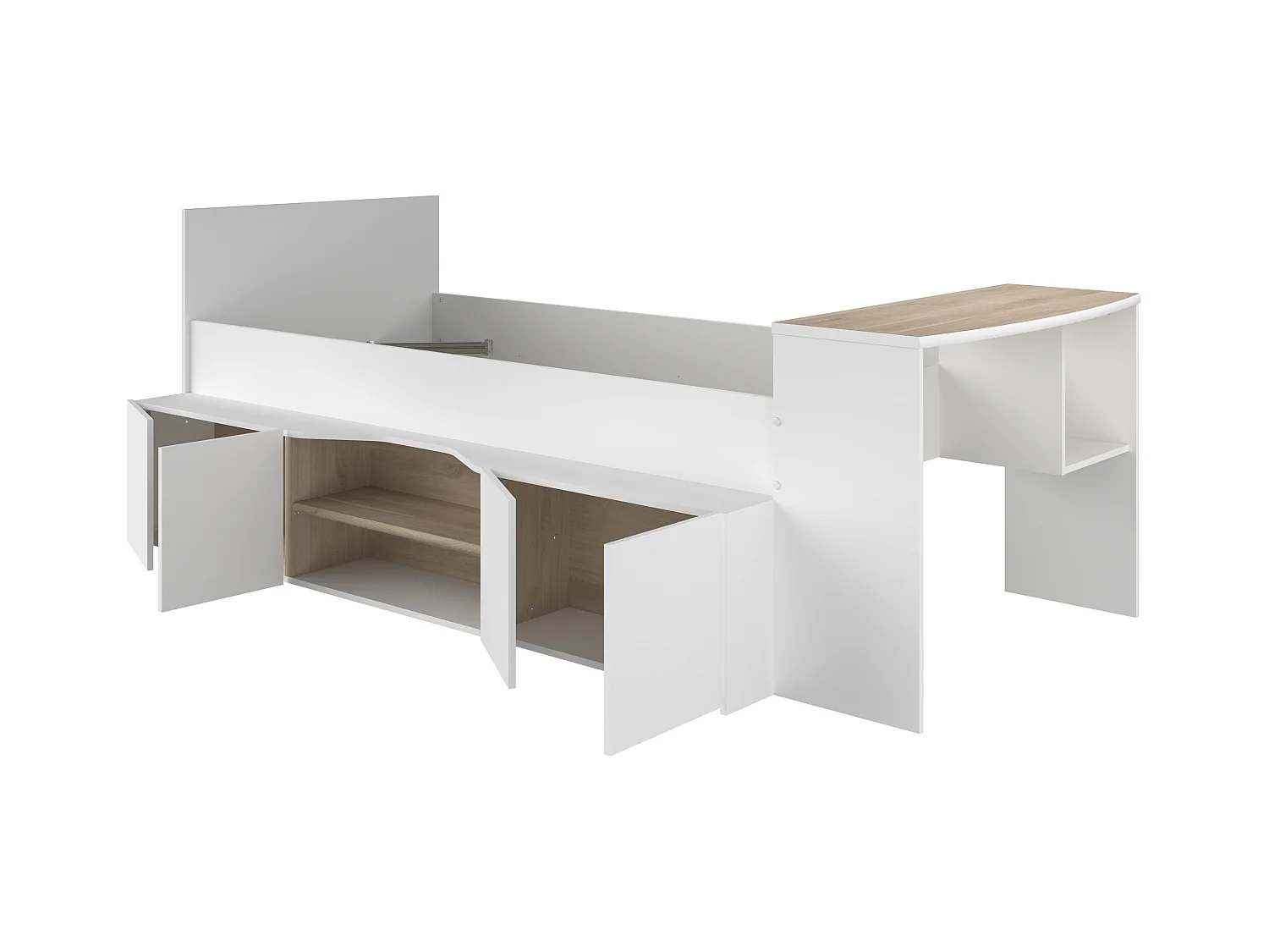Cama 90 x 190/200 cm con escritorio y compartimentos - blanco y natural + Somier + Colchón - JOCHIANE