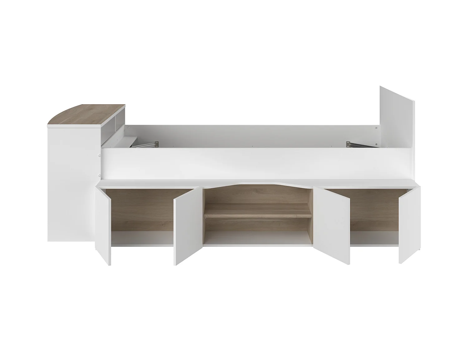 Cama 90 x 190/200 cm con escritorio y compartimentos - blanco y natural + Somier + Colchón - JOCHIANE