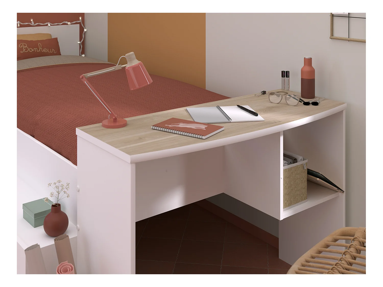 Cama 90 x 190/200 cm con escritorio y compartimentos - blanco y natural + Somier + Colchón - JOCHIANE