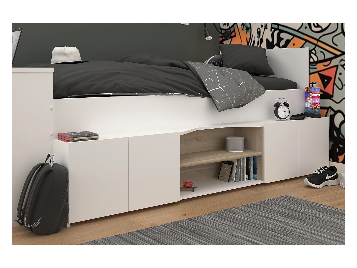 Cama 90 x 190/200 cm con escritorio y compartimentos - blanco y natural + Somier + Colchón - JOCHIANE