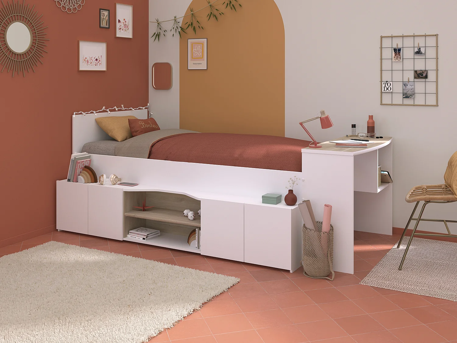 Lit combiné 90 x 190/200 cm avec bureau et rangements - Blanc et naturel + Sommier + Matelas - JOCHIANE