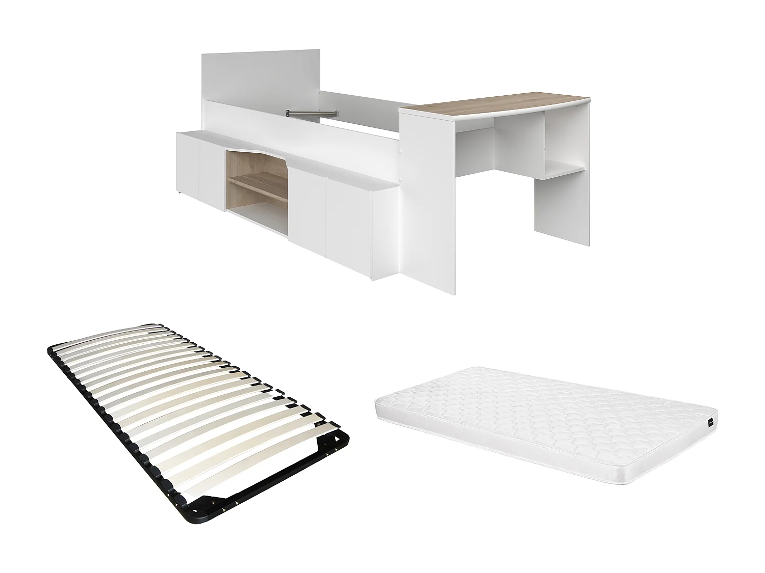 Lit combiné 90 x 190/200 cm avec bureau et rangements - Blanc et naturel + Sommier + Matelas - JOCHIANE