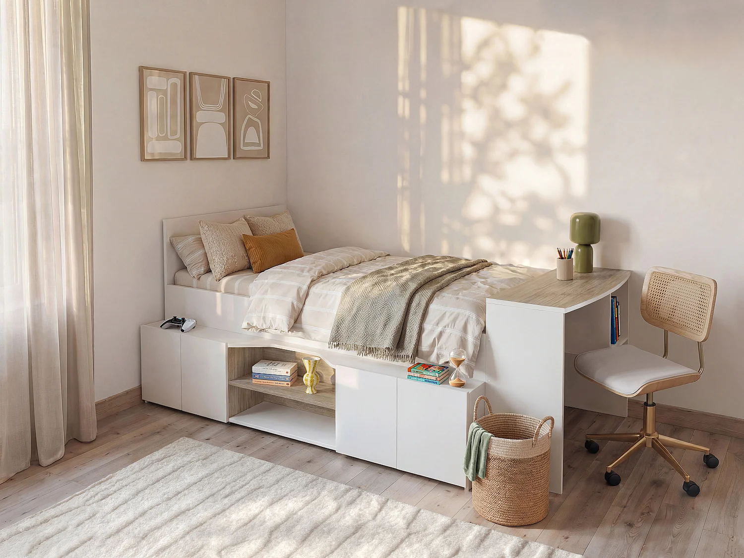 Lit combiné 90 x 190/200 cm avec bureau et rangements - Blanc et naturel + Sommier + Matelas - JOCHIANE