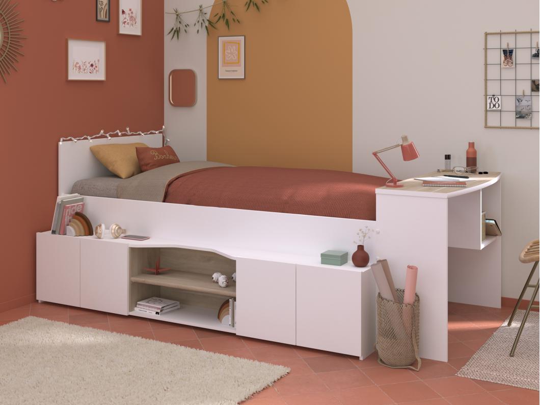 Combinatiebed 90 x 190/200 cm met bureau en opbergruimte - Wit en houtlook + bedbodem + matras - JOCHIANE