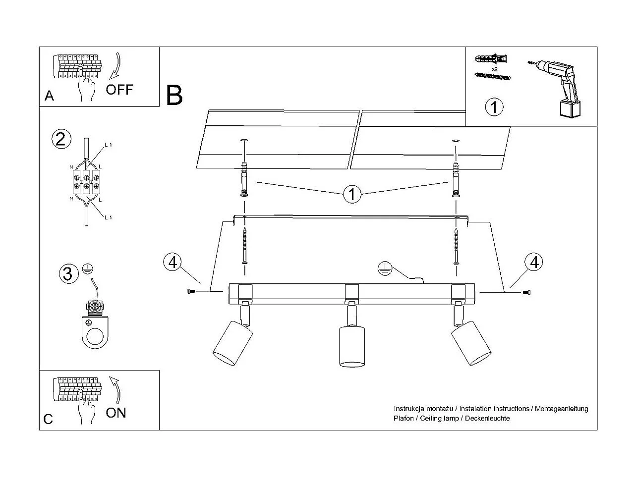 Lampade Da Soffitto Fager Scandinavo Di Acciaio/Legno Naturale - 3 Sorgenti Luminose - L.54 X A.17,2 Cm - Nero/Legno Naturale