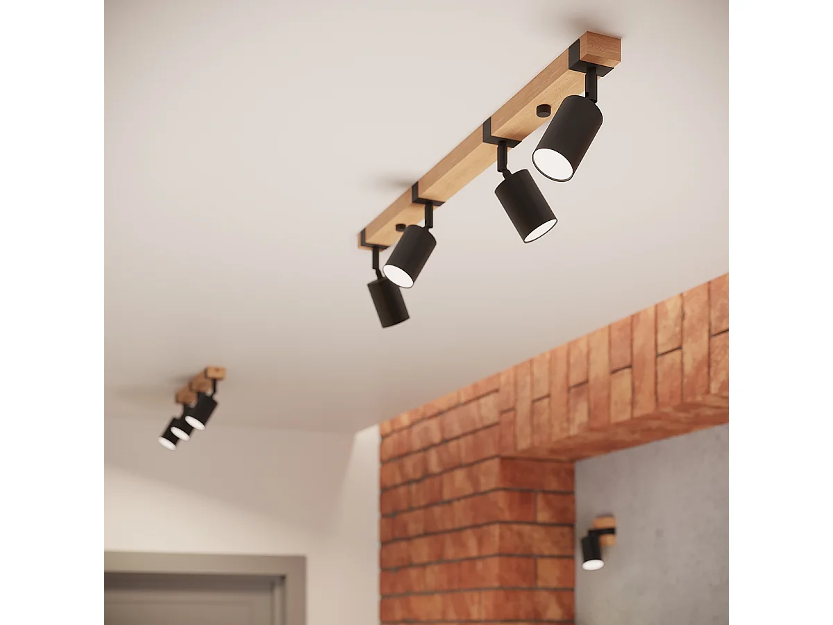 Lampade Da Soffitto Fager Scandinavo Di Acciaio/Legno Naturale - 3 Sorgenti Luminose - L.54 X A.17,2 Cm - Nero/Legno Naturale