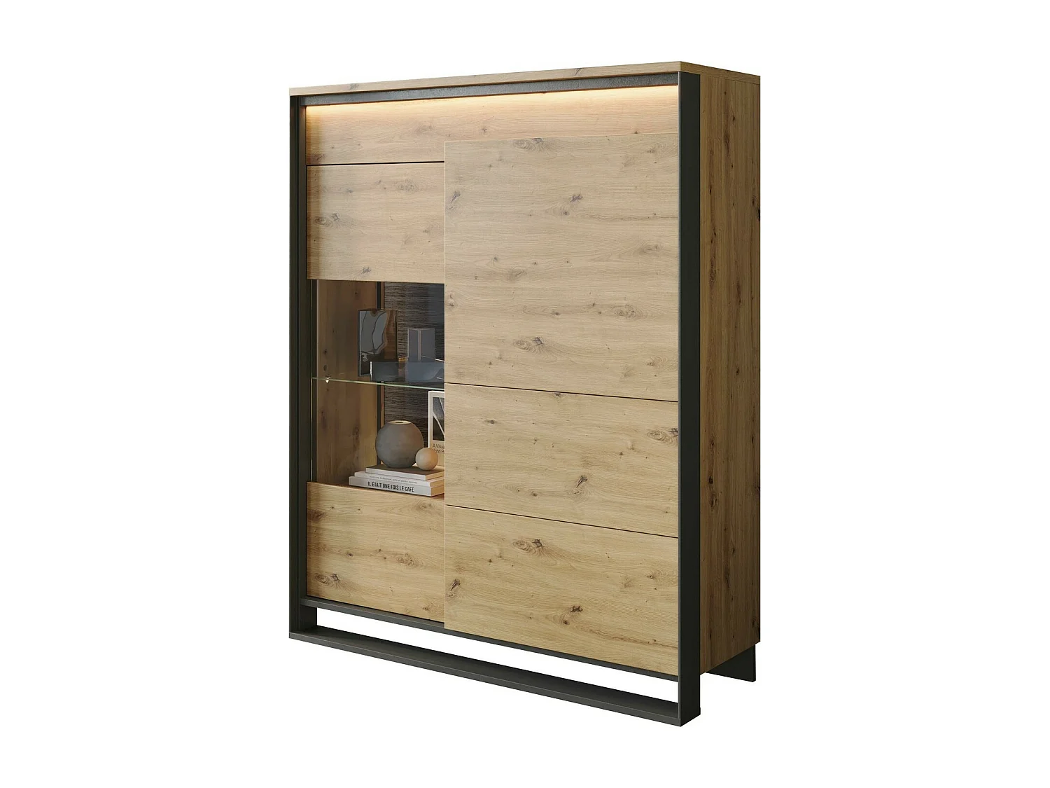 Étagère Luliru 105, Fermé|Avec des portes, Stratifié|Verre trempé|MDF, 140x110x41cm