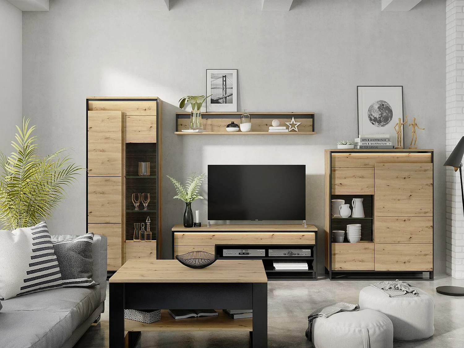 Étagère Luliru 105, Fermé|Avec des portes, Stratifié|Verre trempé|MDF, 140x110x41cm