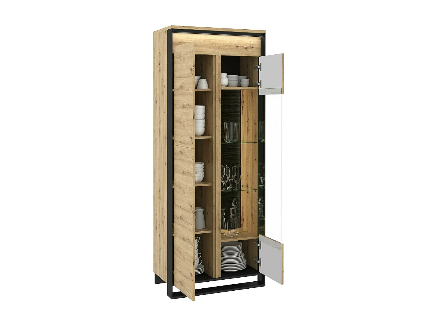 Étagère Luliru 102, Avec des portes|Fermé, Verre trempé|Stratifié, 195x76x41cm