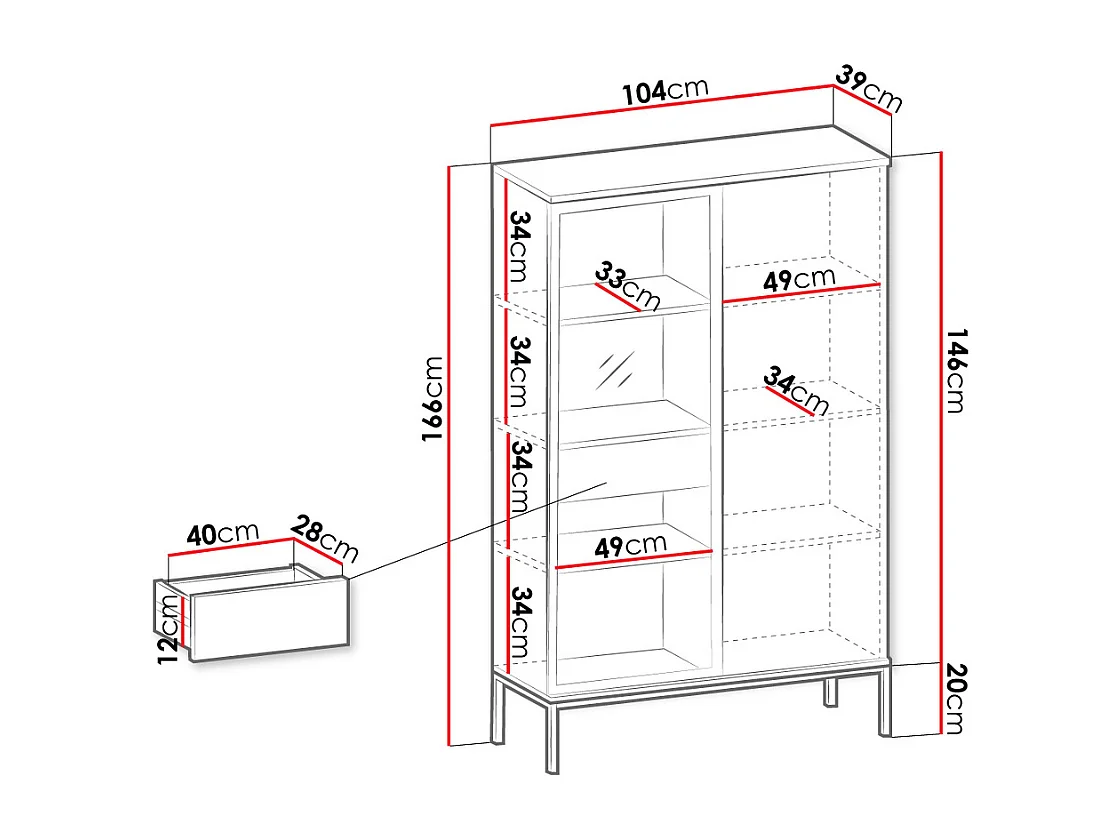 Étagère Soferi 112, Avec des portes|Fermé, Stratifié|Verre, 166x104x39cm