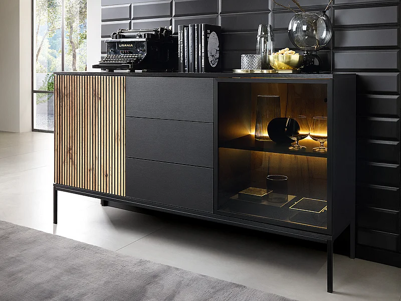 Cómoda Soferi 108, Negro|Roble wotan, Con cajones y puertas, 83x154x39cm