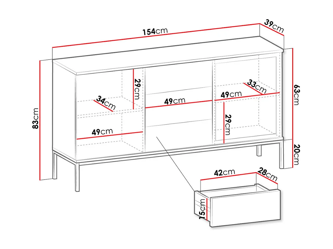 Commode Soferi 108, Noir|Chêne wotan, Avec tiroirs et portes, 83x154x39cm