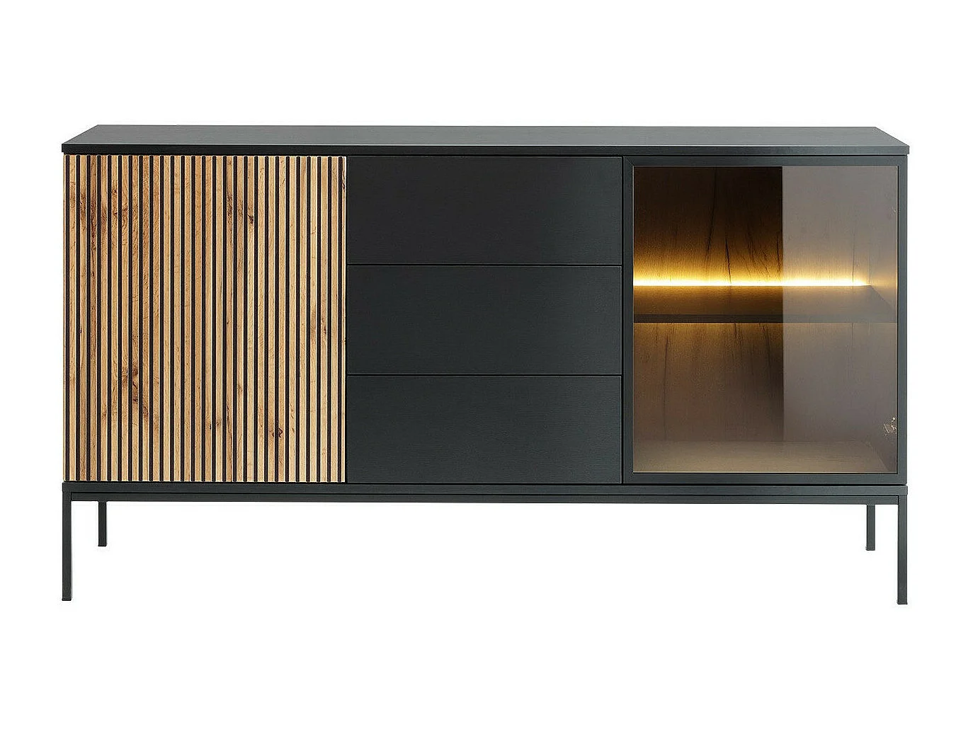 Cassettiera Soferi 108, Quercia di Wotan|Nero, Con cassetti e ante, 83x154x39cm