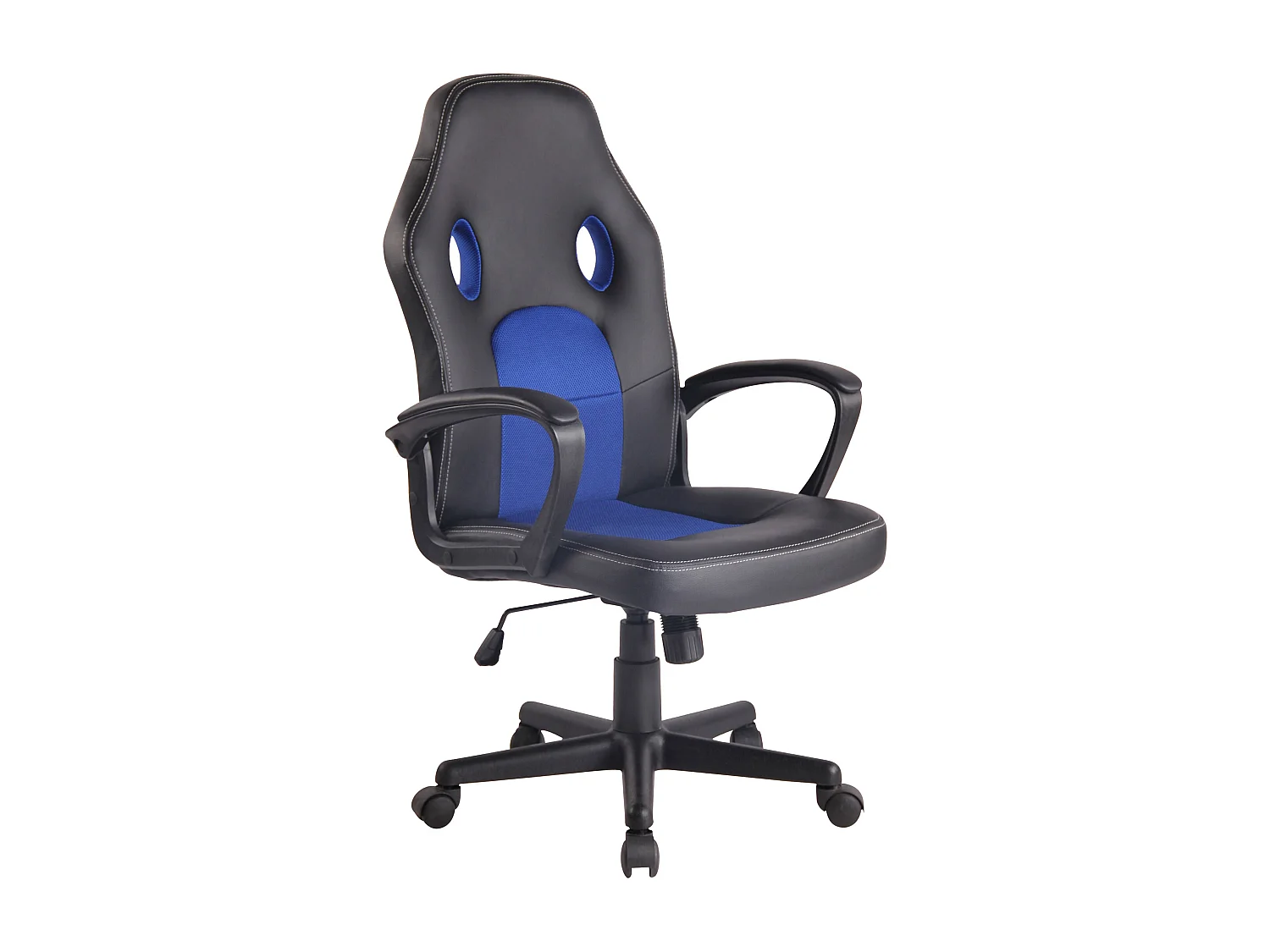 Silla de oficina deportiva de diseño en material sintético negro con malla azul BUR10483