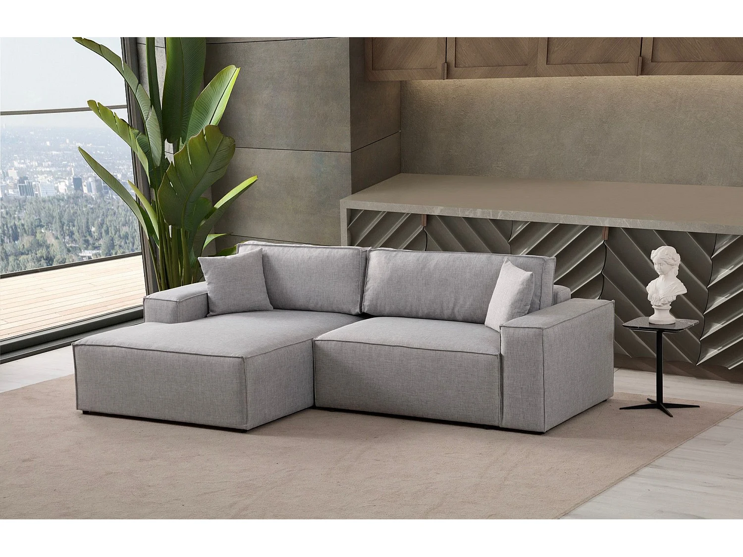 Canapé d'angle convertible à gauche, avec rangement Sorela Tissu Gris clair