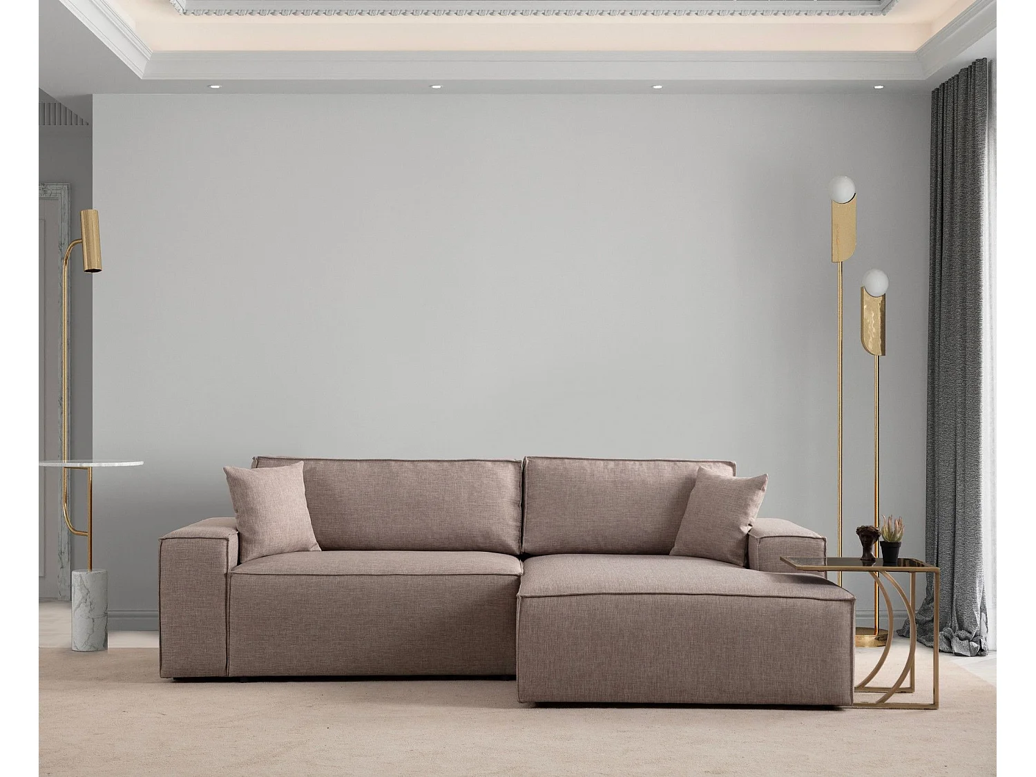 Canapé d'angle à droite convertible, avec rangement Sorela Tissu Taupe