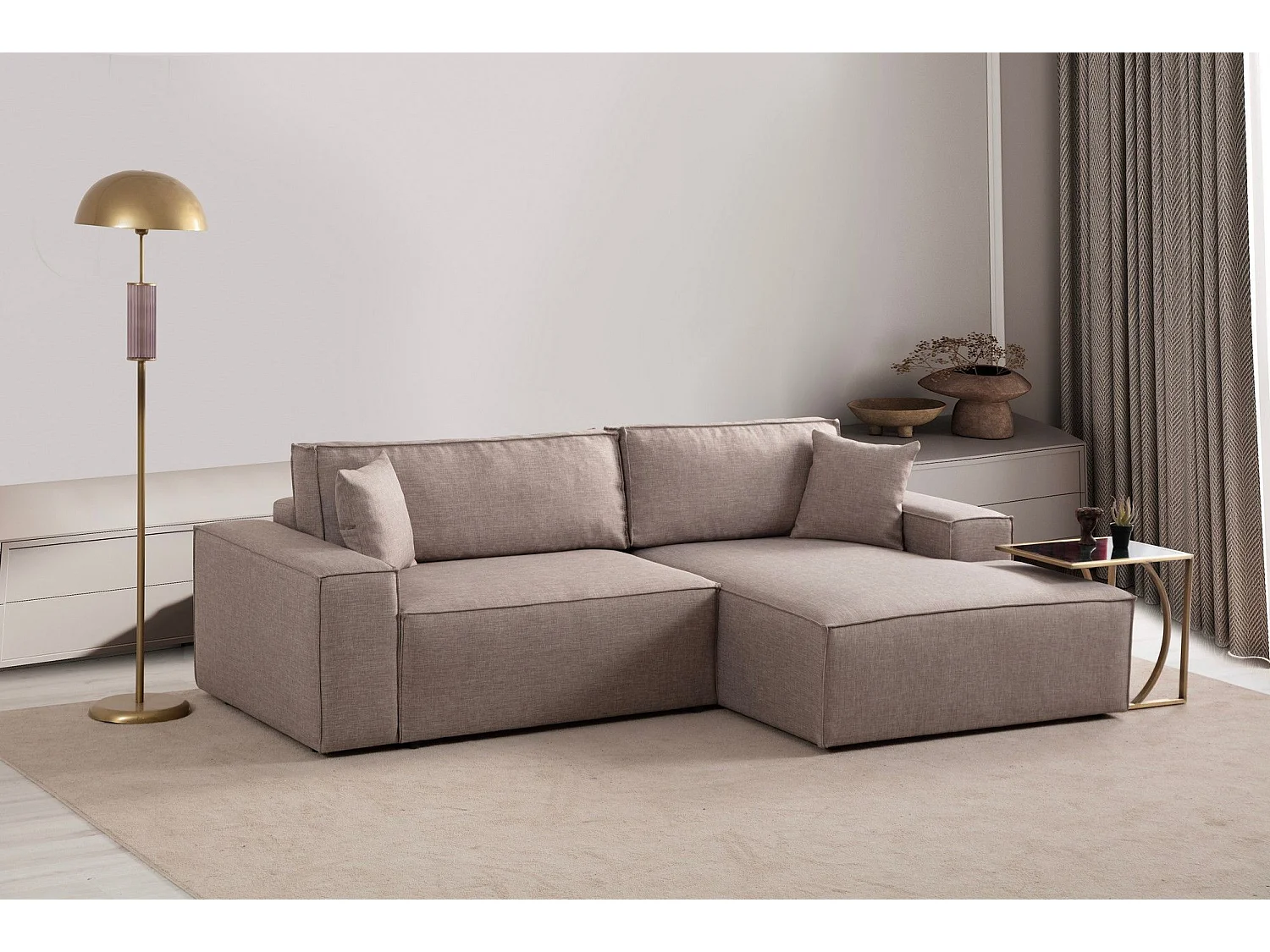 Canapé d'angle à droite convertible, avec rangement Sorela Tissu Taupe