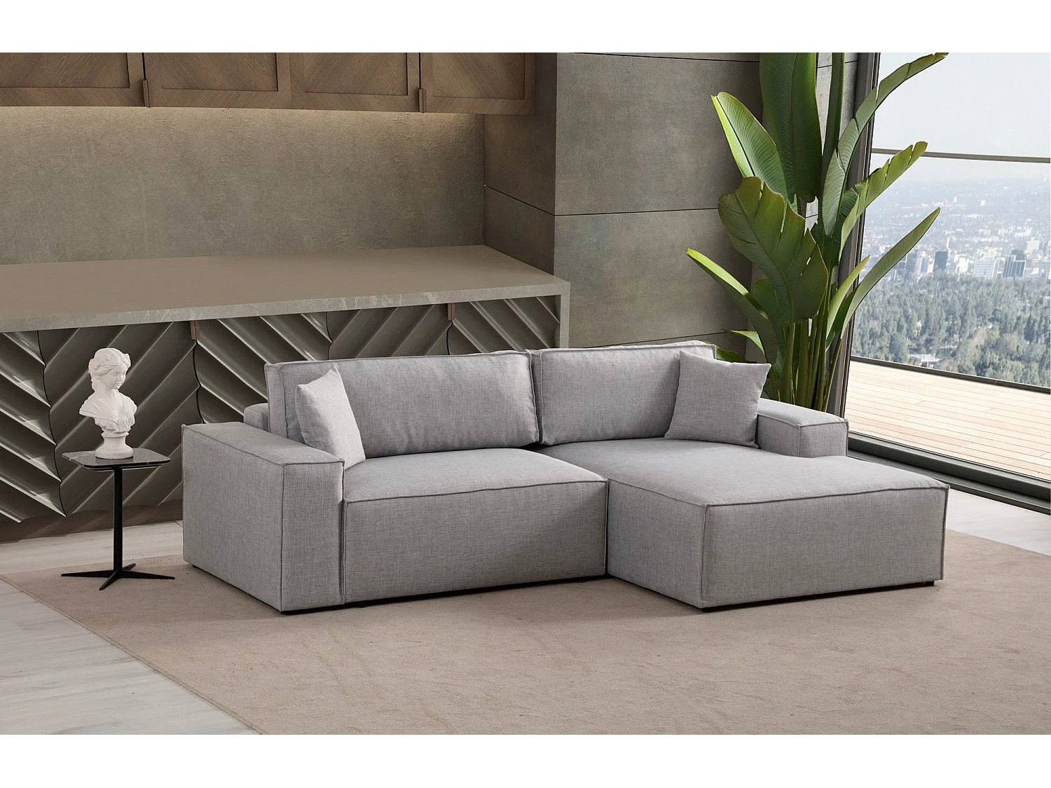 Canapé d'angle à droite convertible, avec rangement Sorela Tissu Gris clair