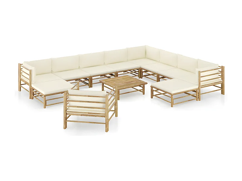 Salon de jardin 12 pcs avec coussins blanc crème Bambou