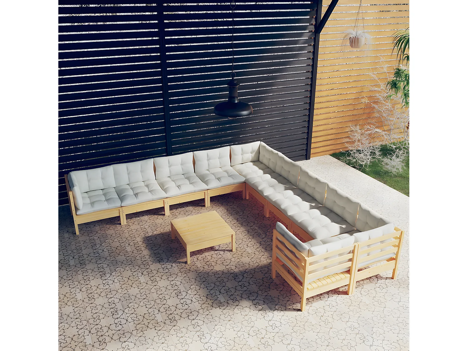 Salon de jardin 11 pcs avec coussins crème Bois de pin