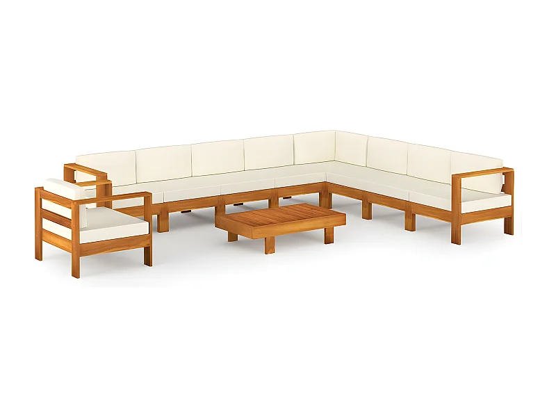 Salon de jardin 10 pcs avec coussins blanc crème Bois d'acacia