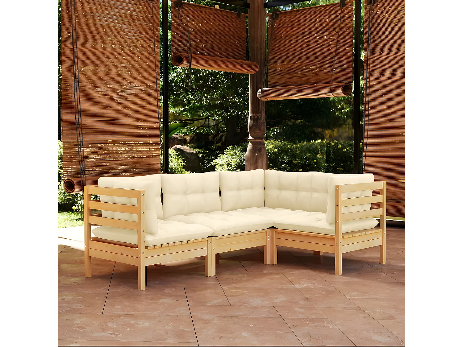 Salon de jardin 4 pcs avec coussins crème Bois de pin 7