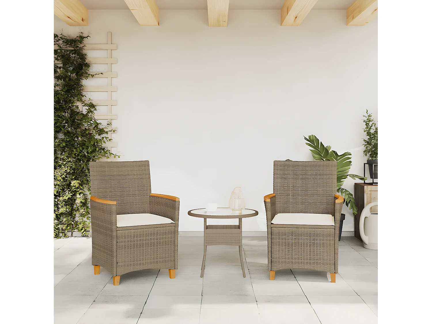 Chaises de jardin coussins lot de 2 beige résine tressée bois