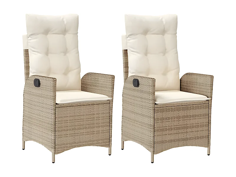 Chaises inclinables de jardin lot de 2 et coussins beige rotin