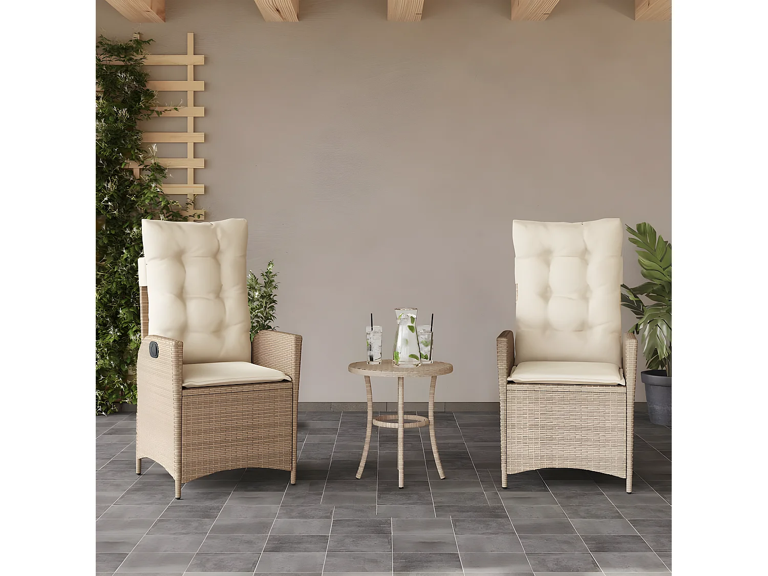 Chaises inclinables de jardin lot de 2 et coussins beige rotin