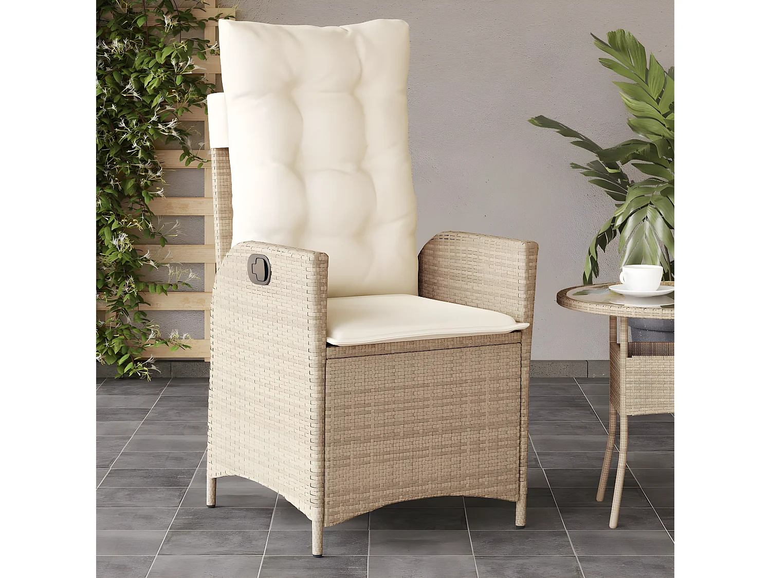 Chaises inclinables de jardin lot de 2 et coussins beige rotin