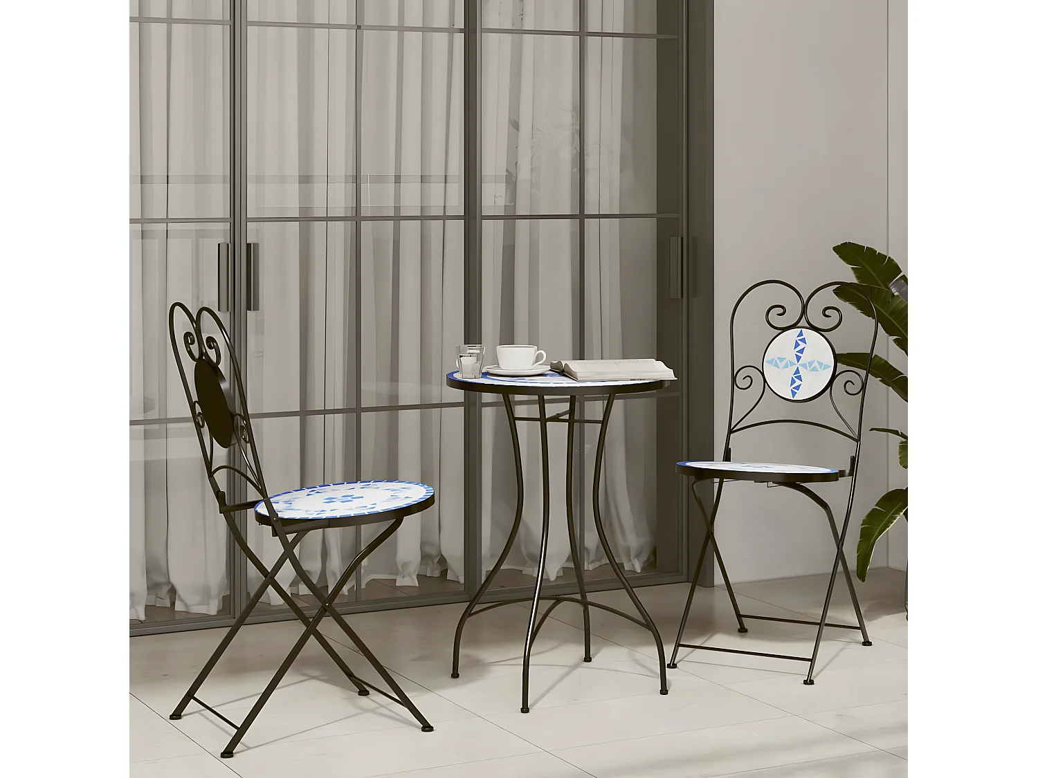Chaises de bistro pliables lot de 2 bleu et blanc céramique