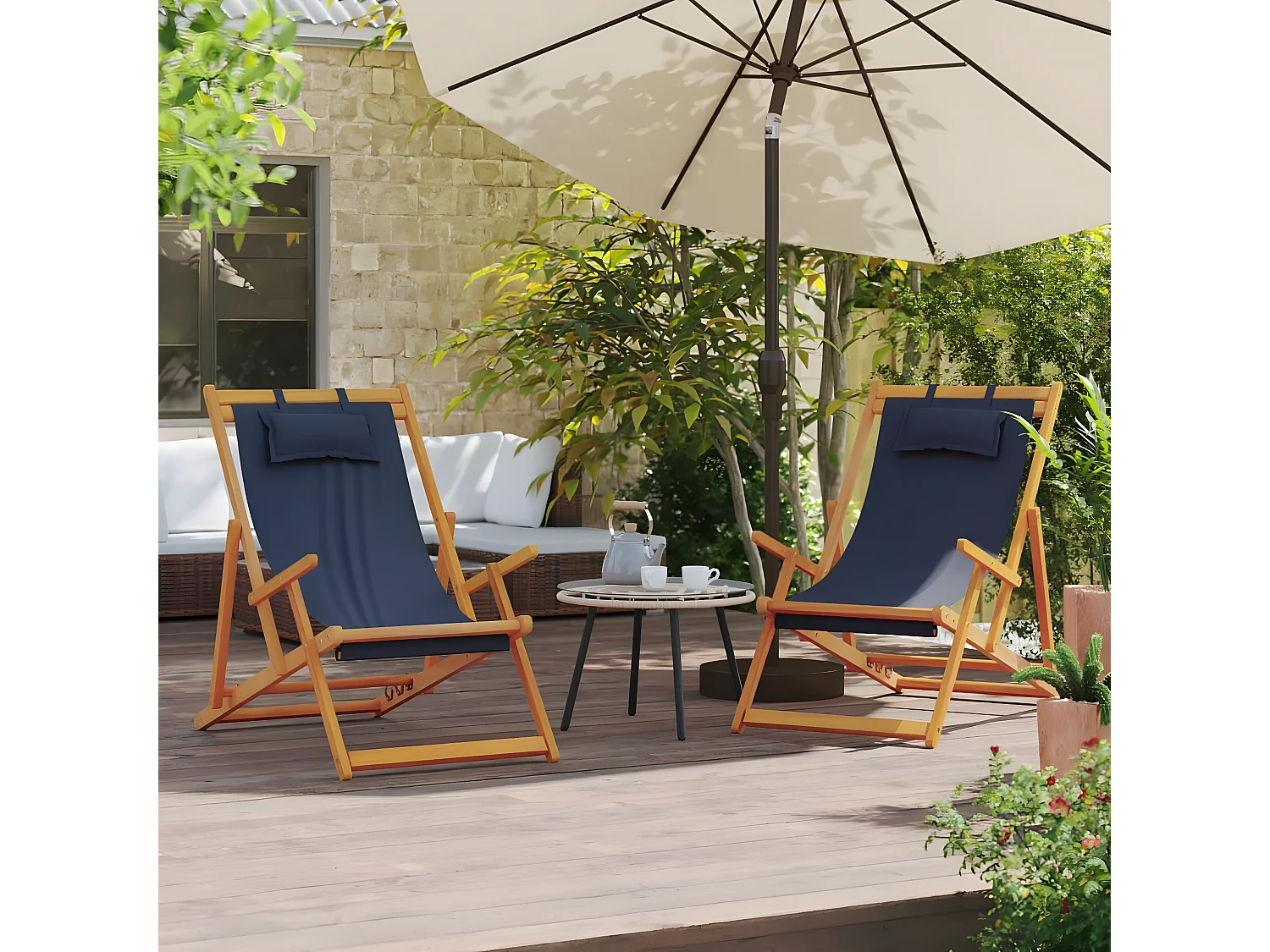 Chaises de plage pliables lot de 2 bleu tissu