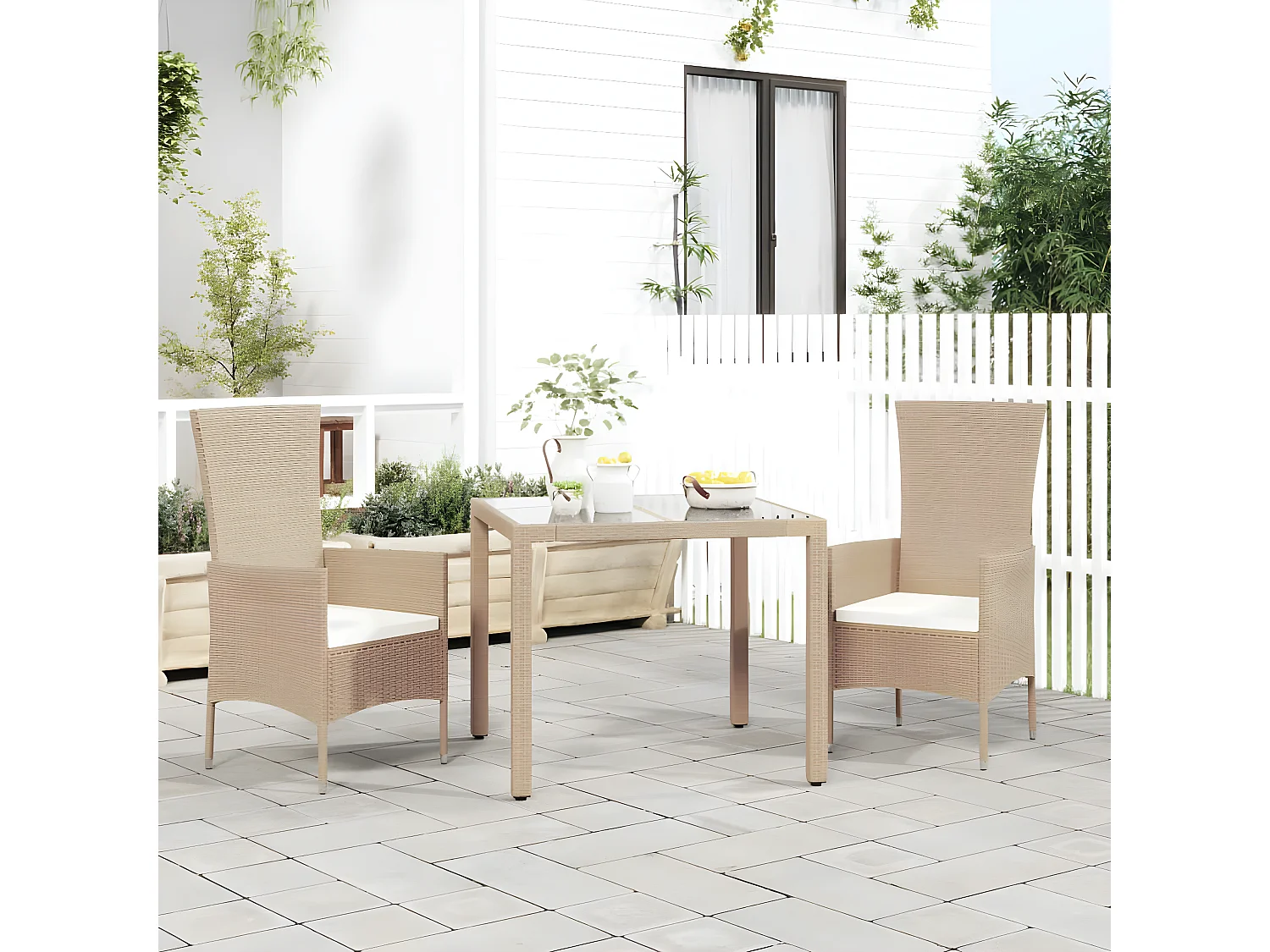 Chaises de jardin avec coussins lot de 2 Résine tressée Beige