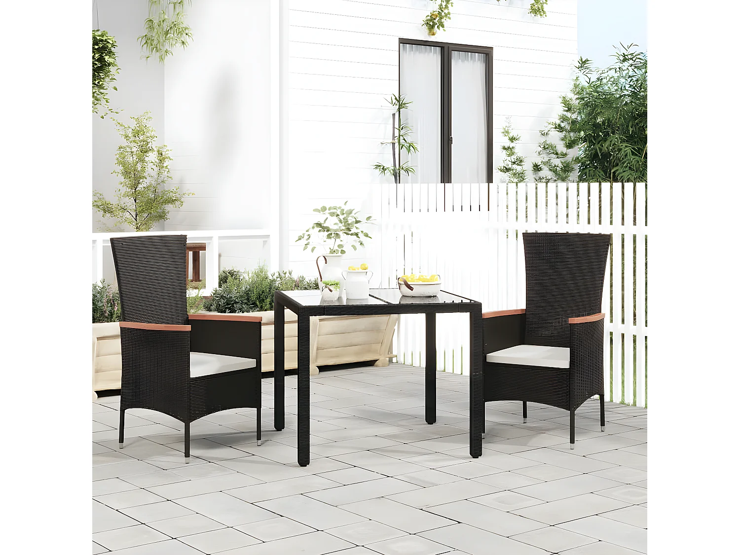 Chaises de jardin 2 pcs avec coussins Résine tressée Noir