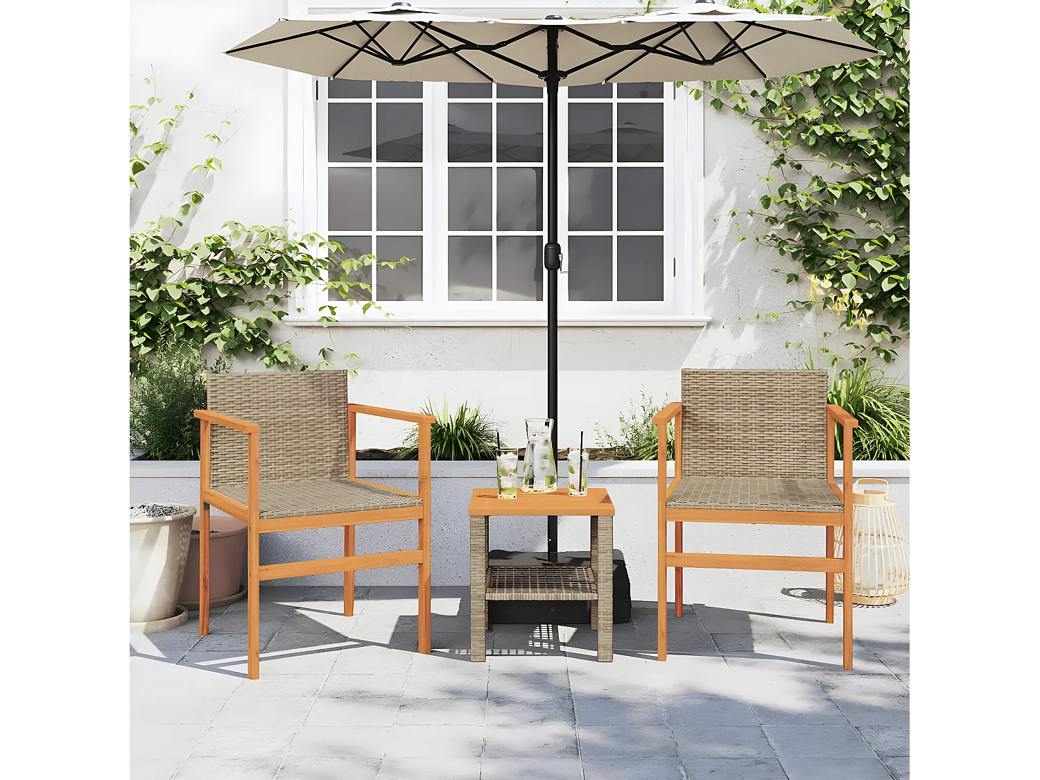 Chaises de jardin lot de 2 beige résine tressée et bois massif