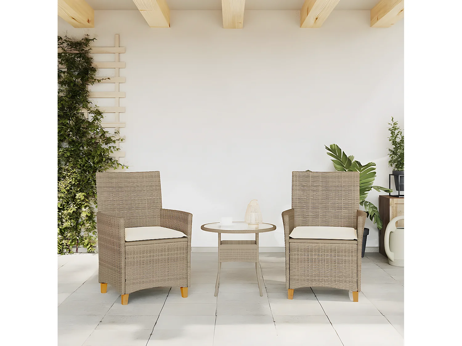 Chaises de jardin coussins lot de 2 beige résine tressée bois