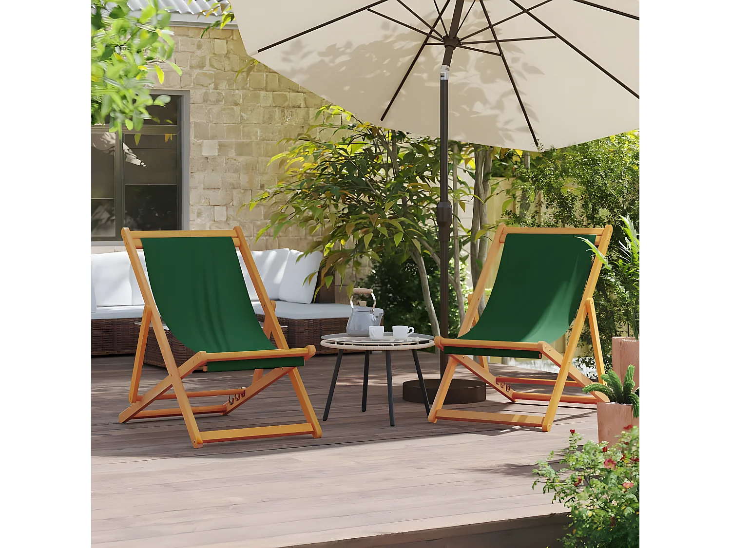 Chaises de plage pliables lot de 2 vert tissu