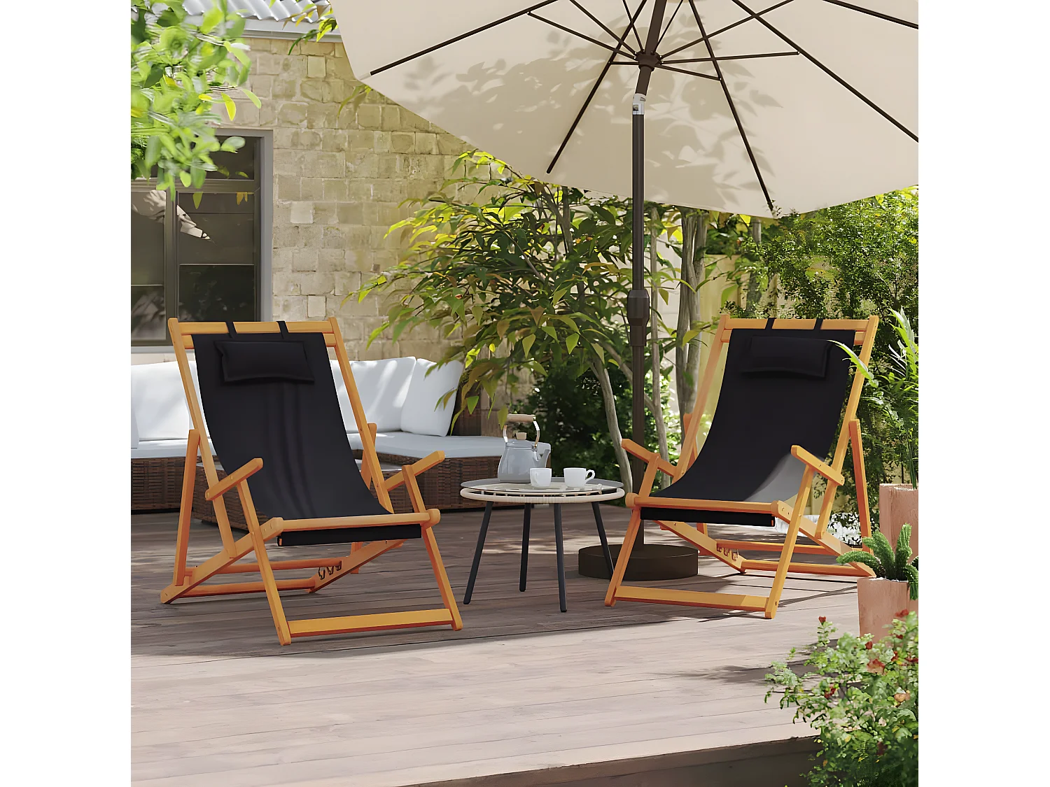 Chaises de plage pliables lot de 2 noir tissu