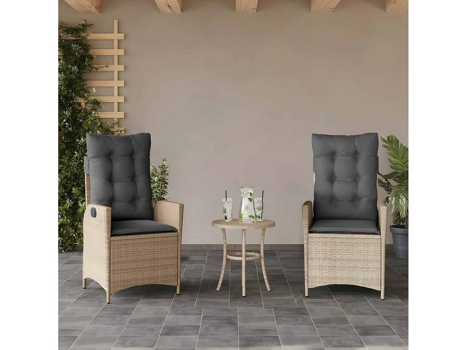 Chaises inclinables jardin lot de 2 et coussins résine tressée