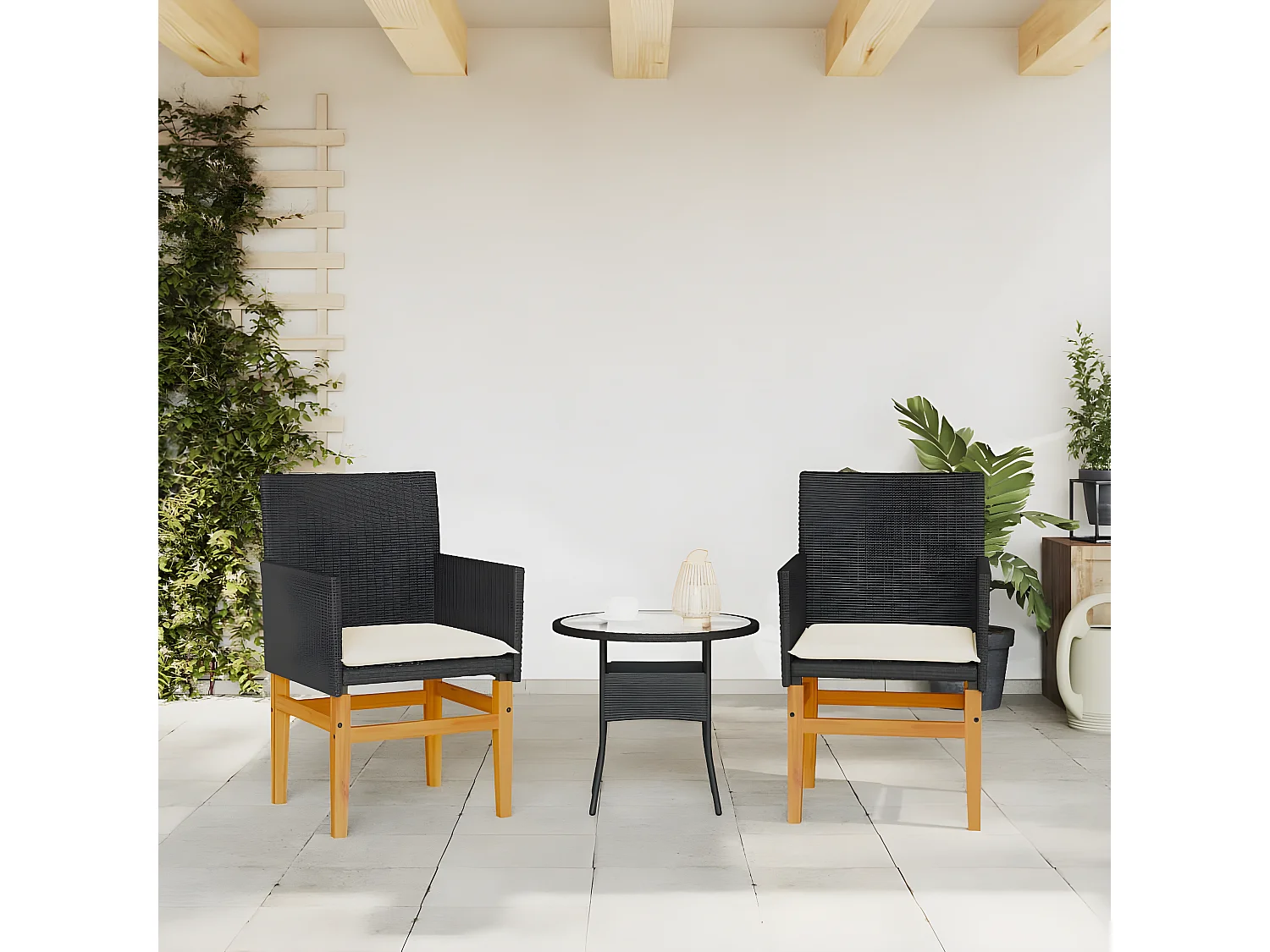 Chaises de jardin coussins lot de 2 noir résine tressée et bois