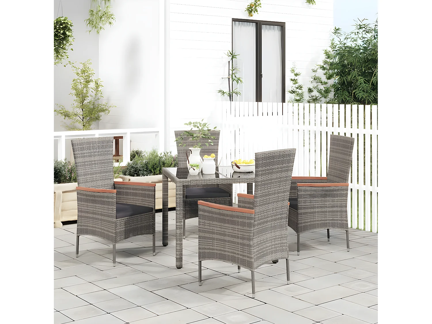 Chaises de jardin avec coussins lot de 4 Résine tressée Gris