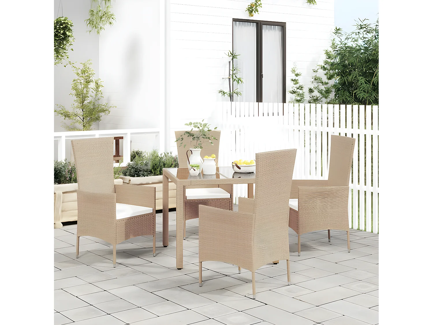 Chaises de jardin avec coussins lot de 4 Résine tressée Beige