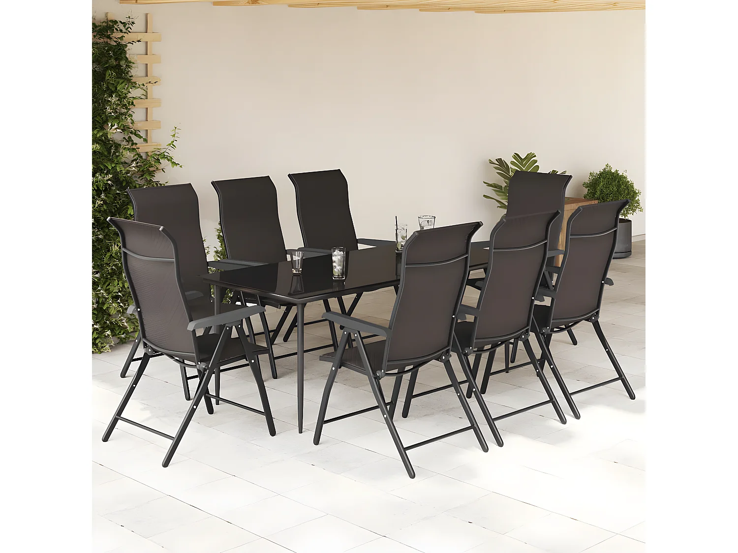 Chaises pliables de jardin lot de 8 café noir résine tressée