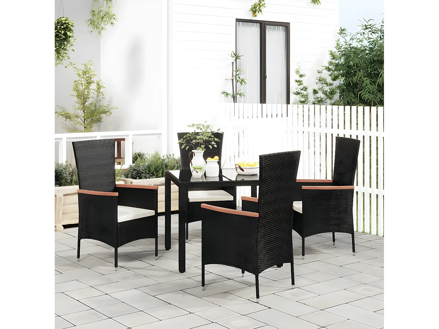 Chaises de jardin lot de 4 avec coussins Résine tressée Noir