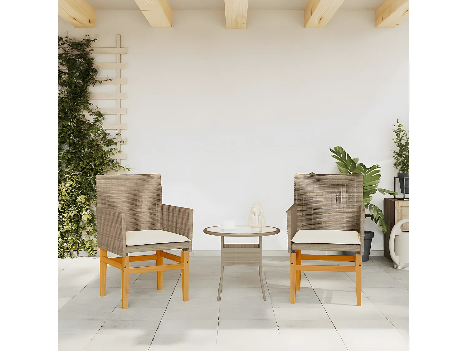 Chaises de jardin coussins lot de 2 beige résine tressée bois